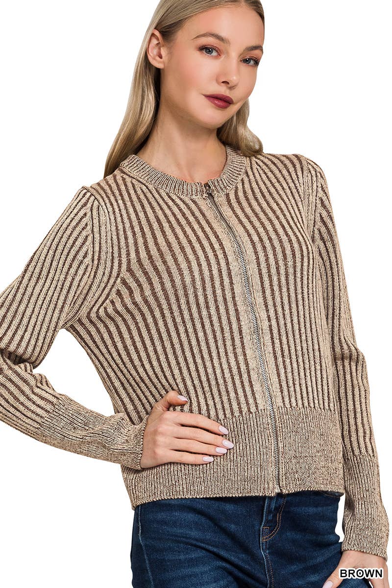 Two Tone Zip Up Sweater Cardigan - Zenana