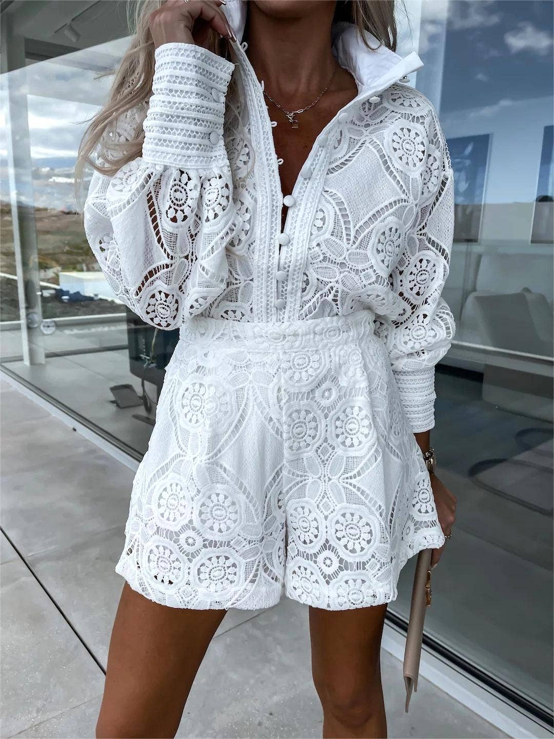Boho long-sleeves hollow-out blouse shorts 2-piece set