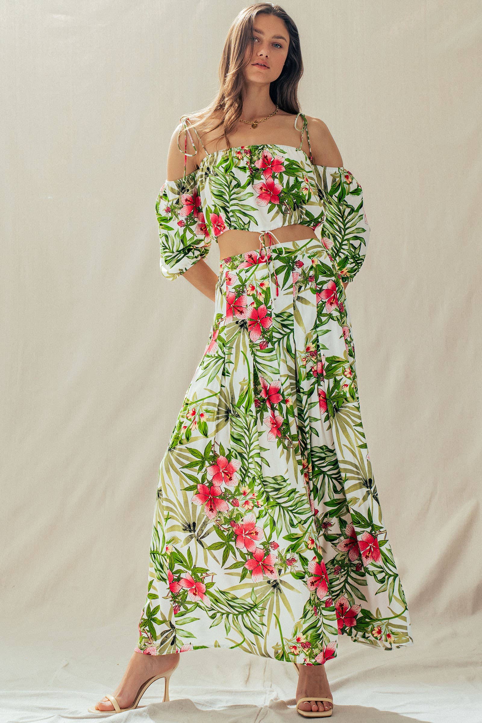 Off Shoulder Crop Top with Floral Maxi Skirt