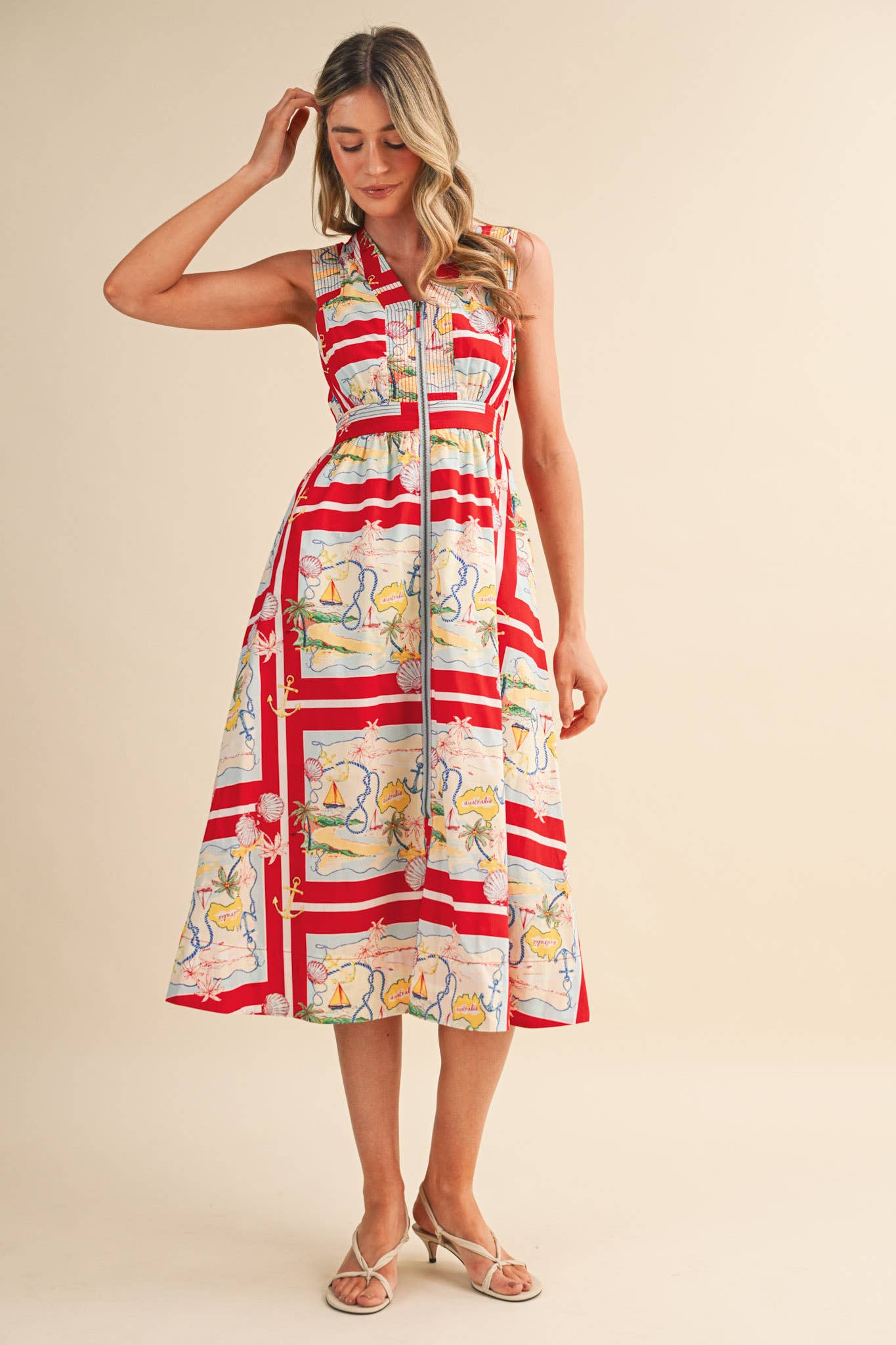 EXCLUSIVE NAUTICAL MAP PRT ZIPPER FRONT MIDI DRESS MDR5194