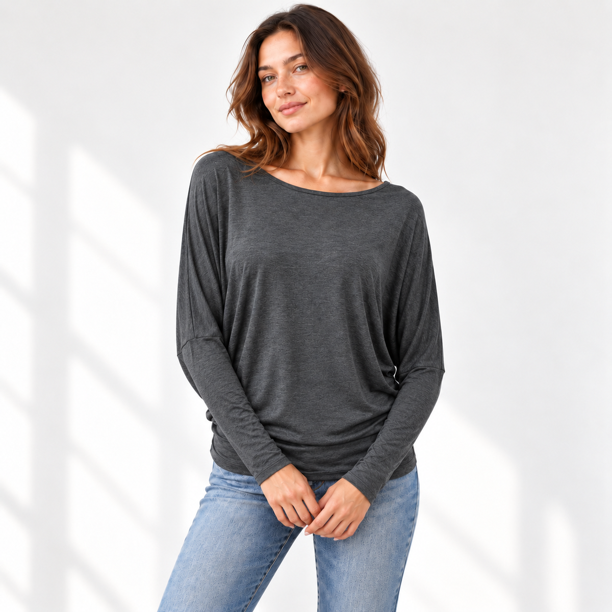 Relaxed Dolman Sleeve Top with Curved Back Hem
