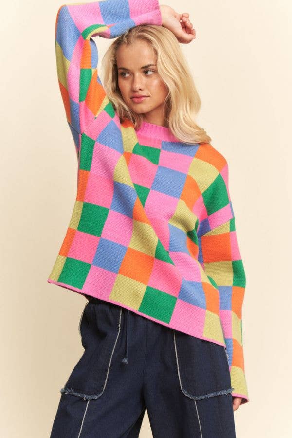 Multicolor Checkerboard Knit Pullover Sweater