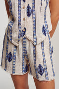 Blue Embroidered Linen Blend Crochet Trim Shorts