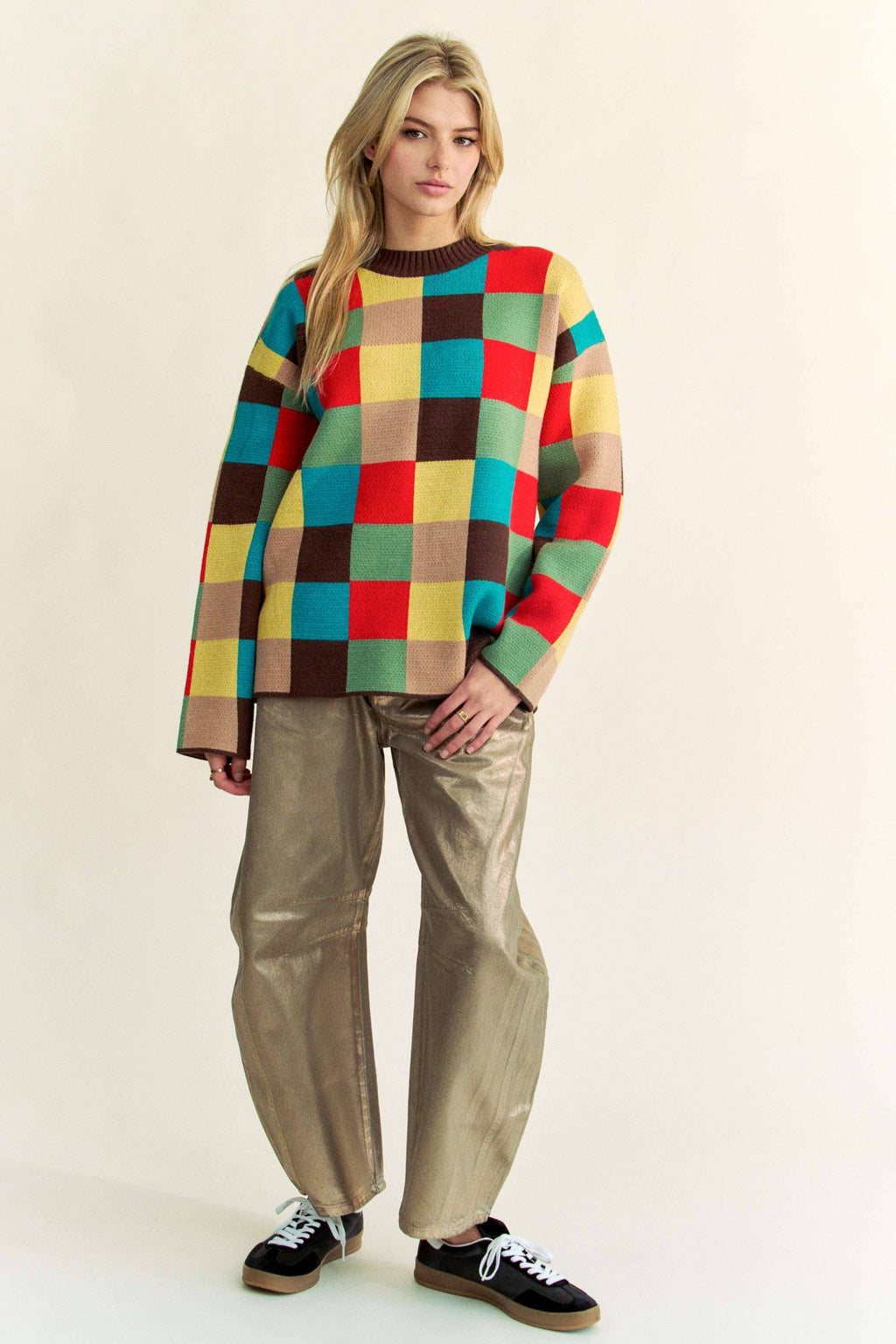 Multicolor Checkerboard Knit Pullover Sweater