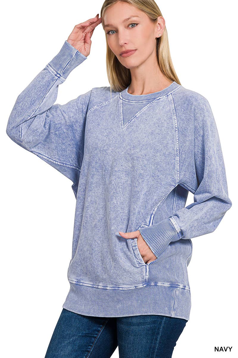 Halo Washed French Terry Raglan Sleeve Pullover W/ Pockets - Zenana