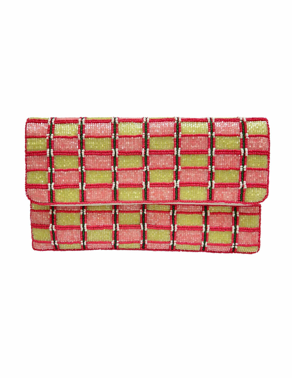 PINK & GREEN WEAVE BEADED CLUTCH