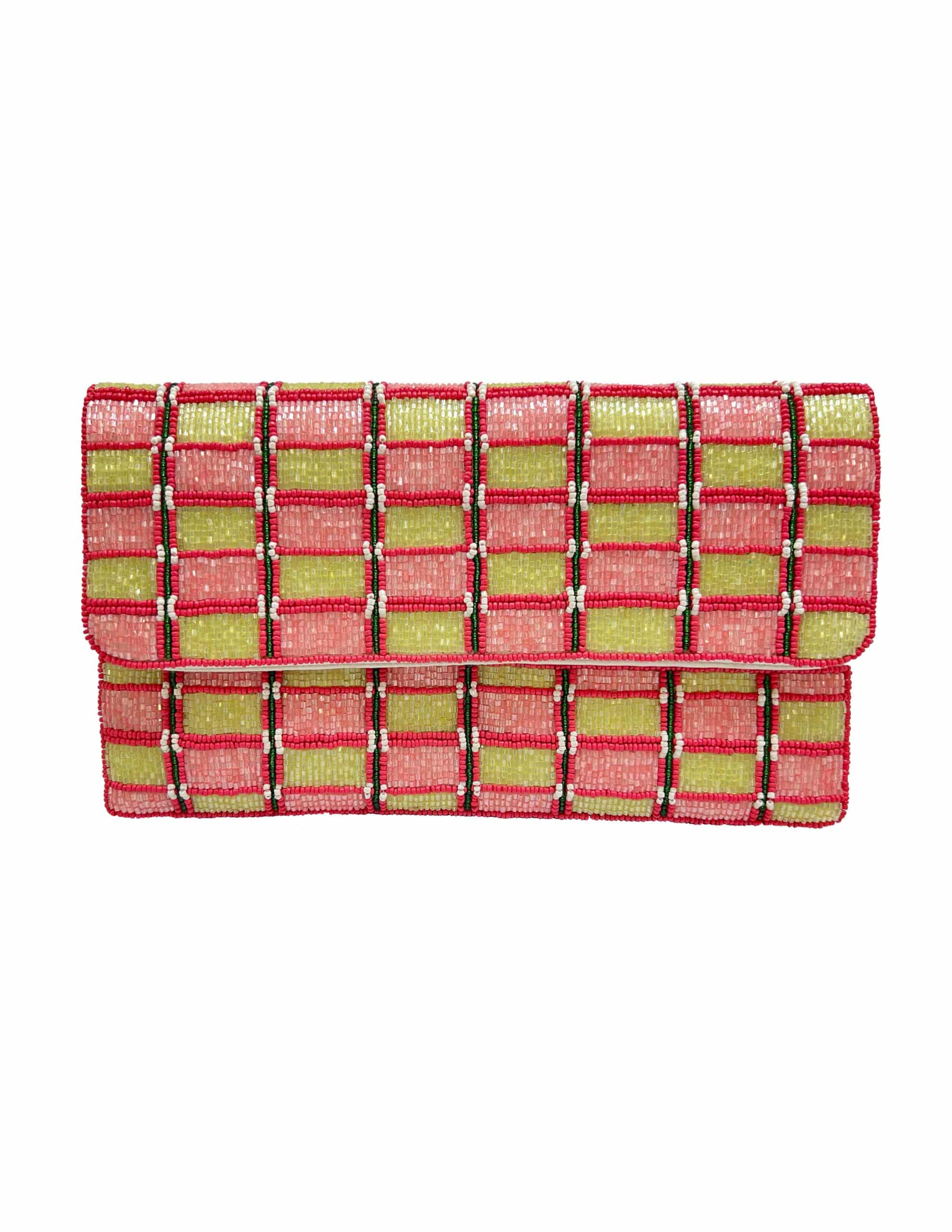 PINK & GREEN WEAVE BEADED CLUTCH
