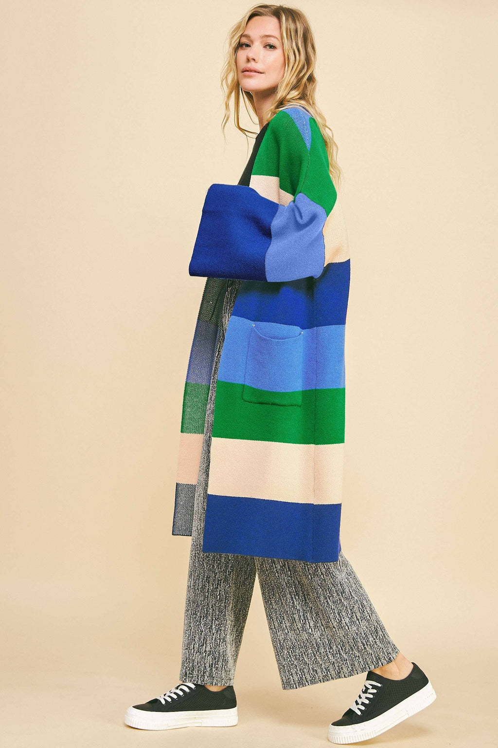 Plus - Multi Stripe Kimono Sleeve Longline Open Cardigan