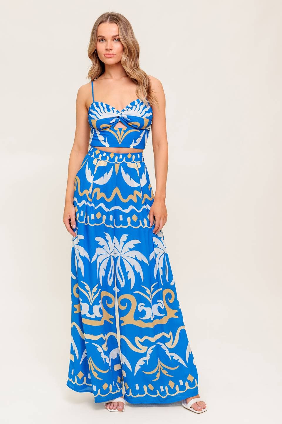 A printed woven crop top and pant set - IT13655-SET