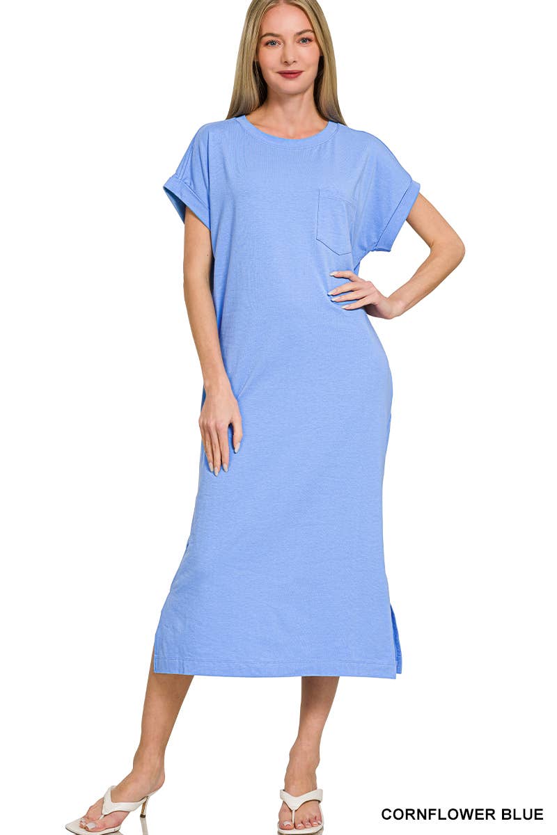 Round Neck Short Sleeve Midi Dress w/ Pockets - Zenana