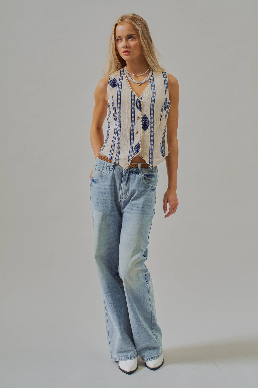 Blue Embroidered Linen Blend Button Front Vest