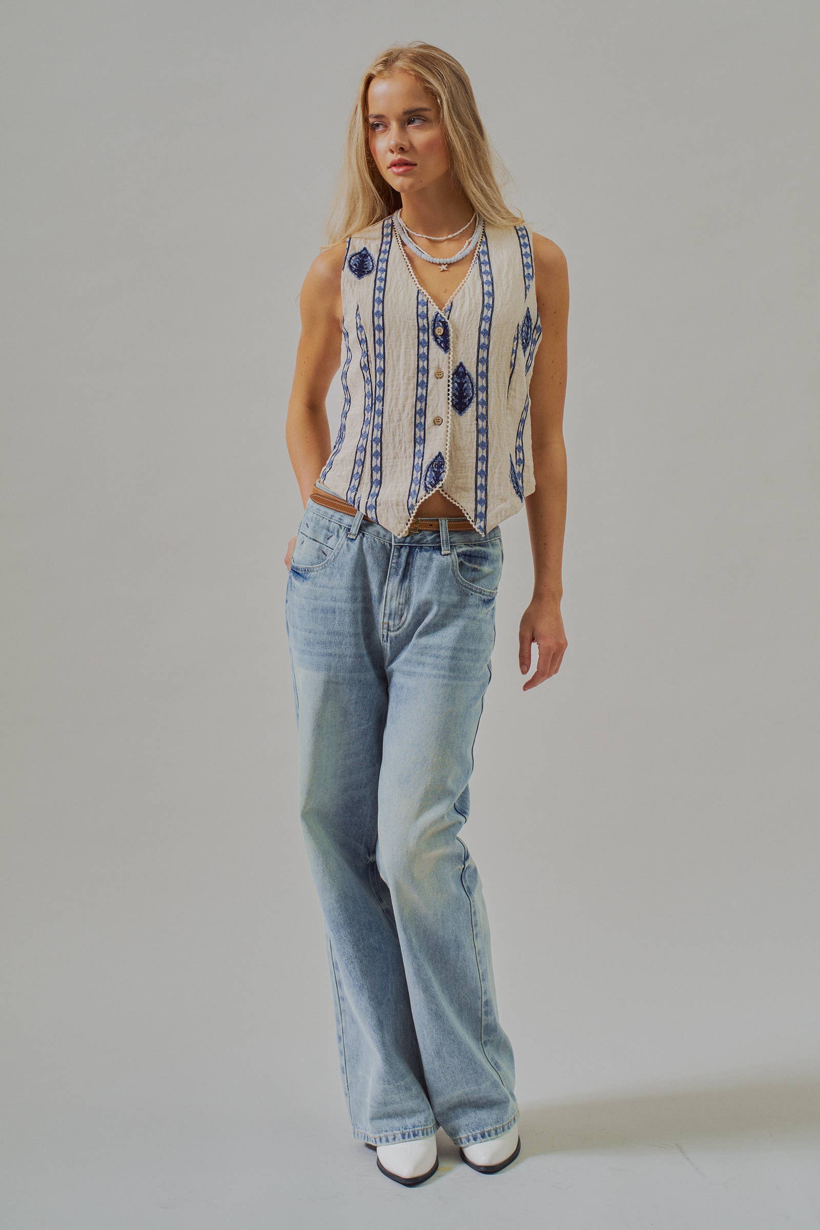 Blue Embroidered Linen Blend Button Front Vest