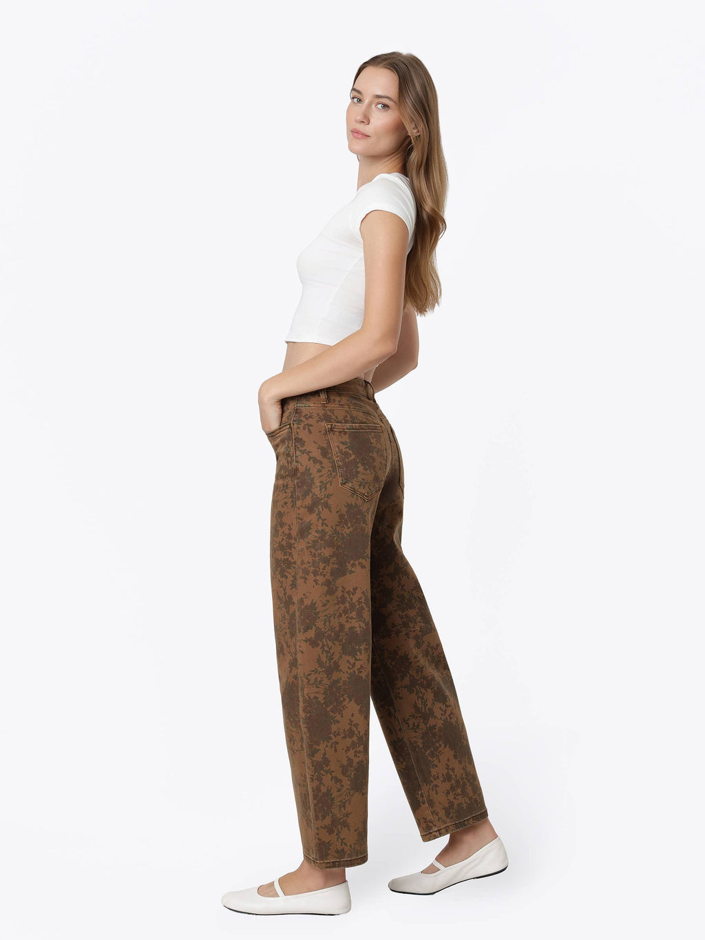 HIGH RISE BROWN FLORAL PRINT BARREL JEANS T7587BRN