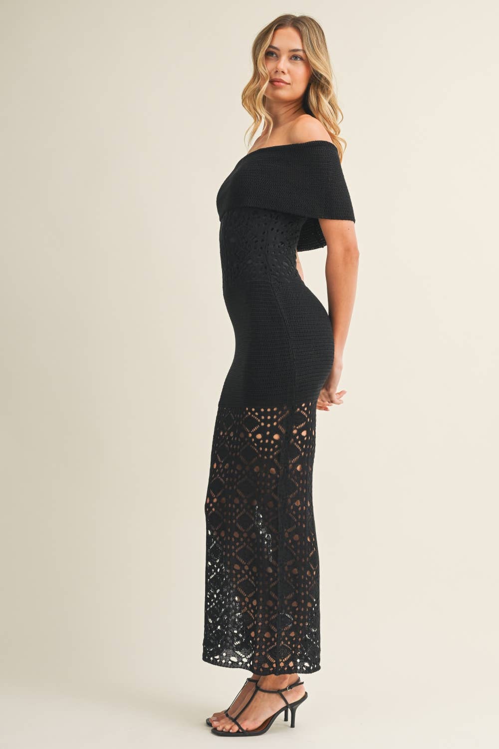CROCHET FOLDOVER OFF SHOULDER SWEATER MAXI DRESS