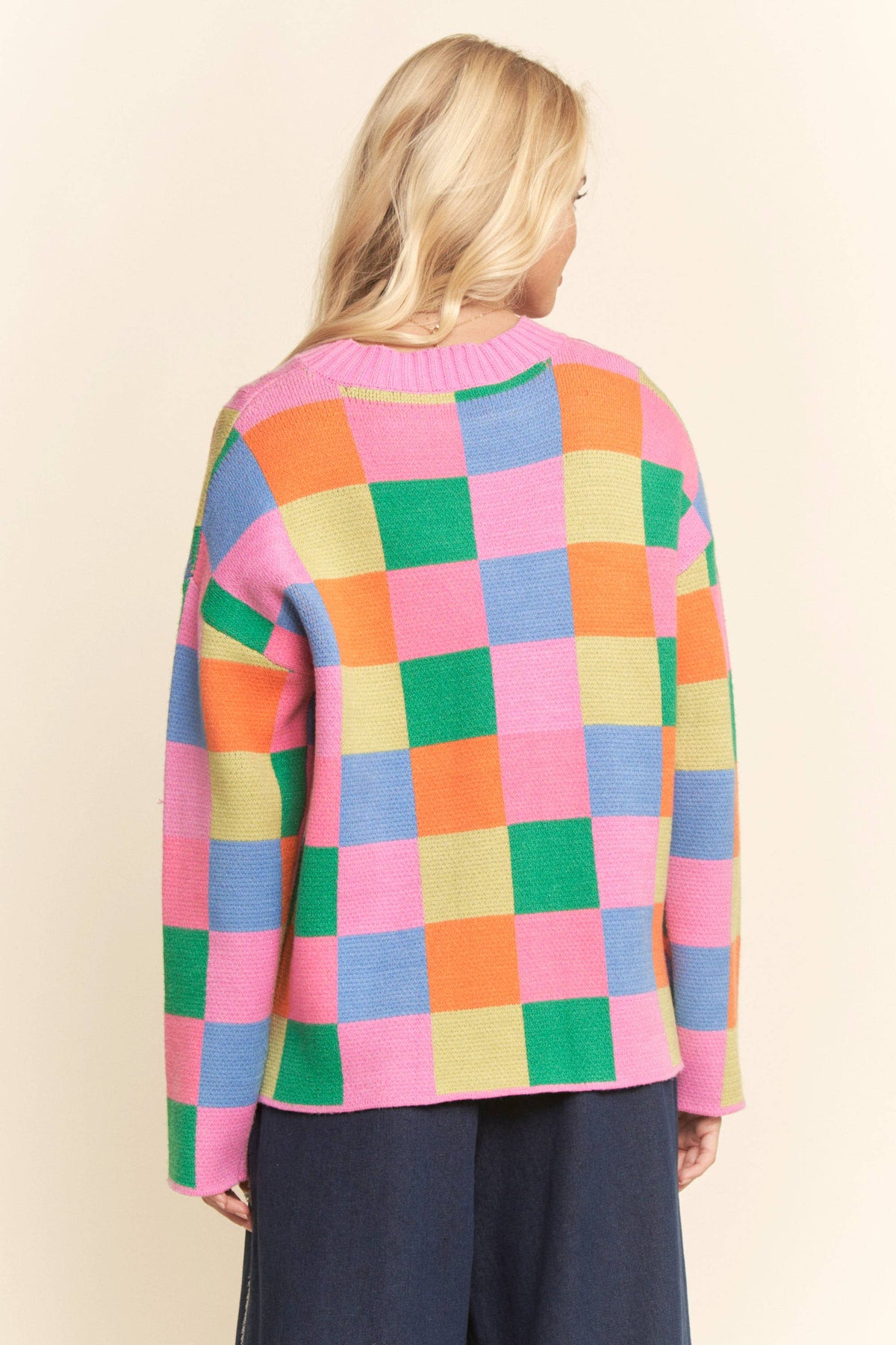 Multicolor Checkerboard Knit Pullover Sweater