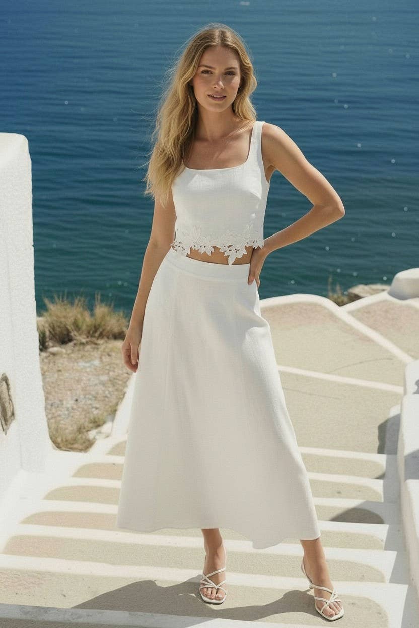 FLOWER EMROIDERED CROP TOP AND MIDI SKIRT