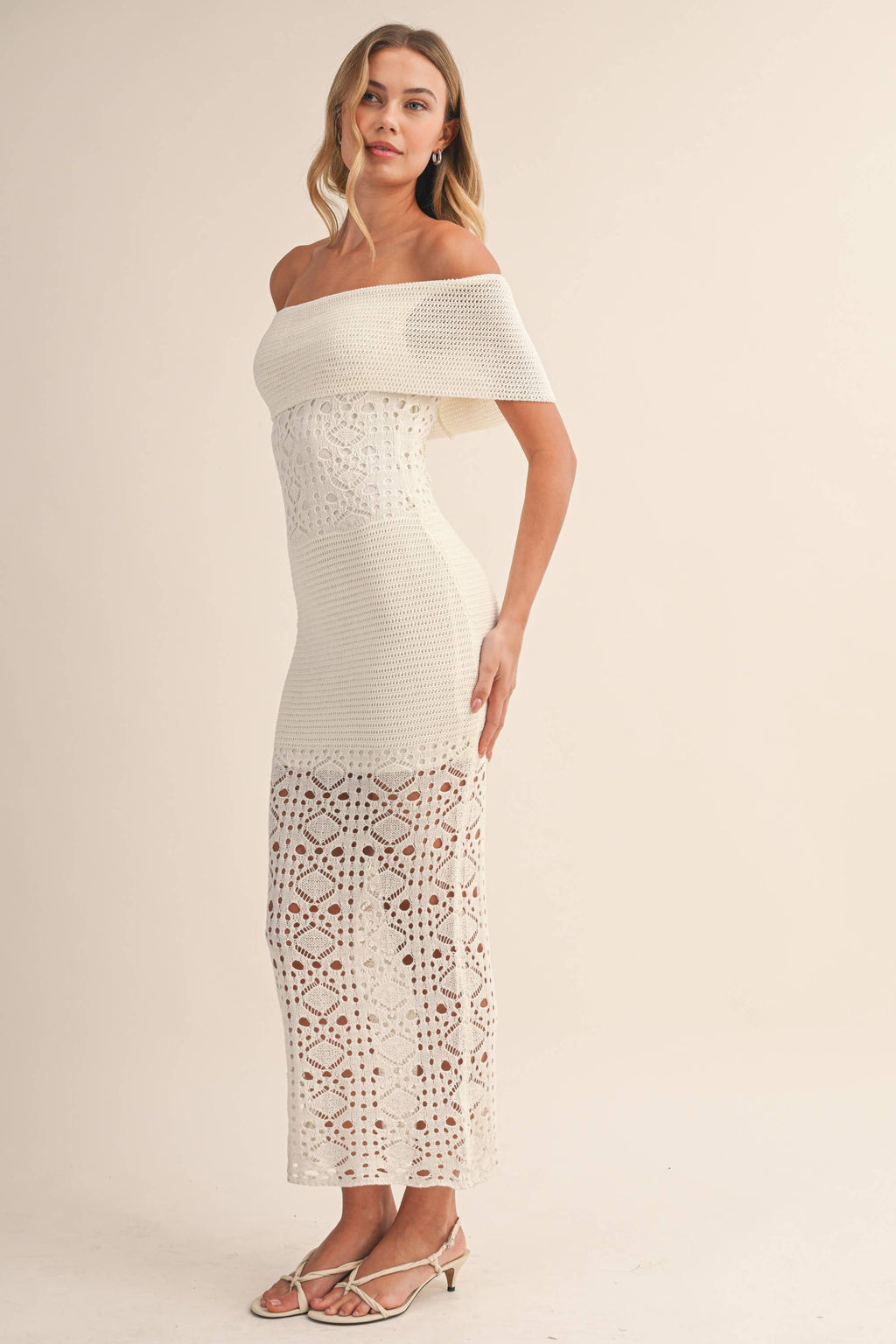 CROCHET FOLDOVER OFF SHOULDER SWEATER MAXI DRESS
