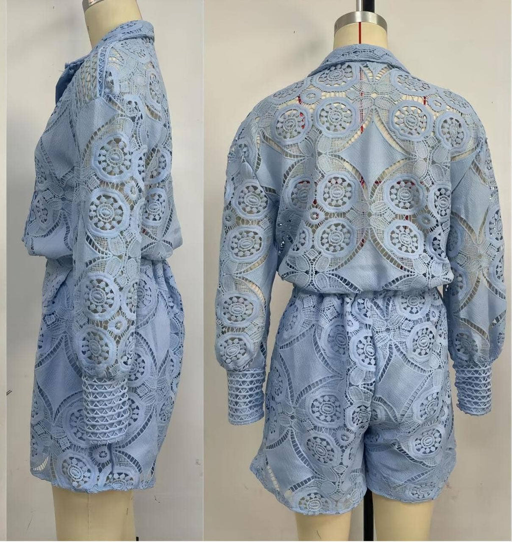 Boho long-sleeves hollow-out blouse shorts 2-piece set