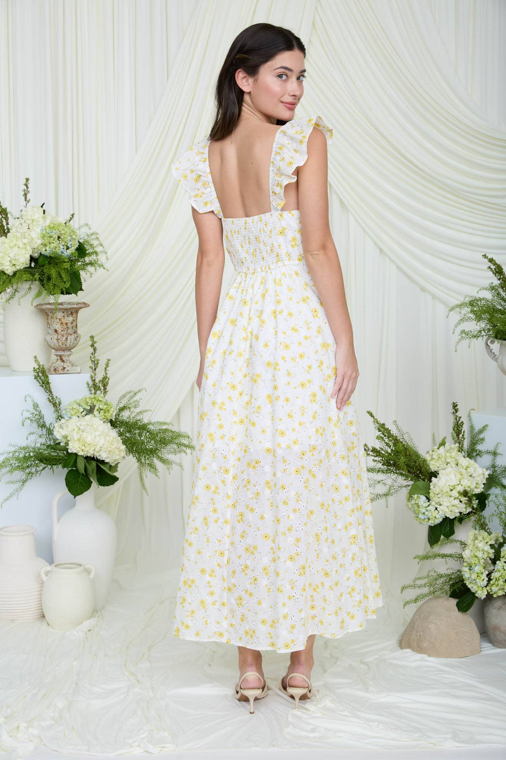 FLORAL EYELET PATTERN FRONT SLIT CORSET MIDI DRESS