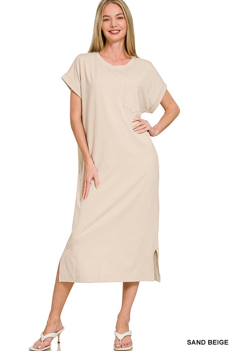 Round Neck Short Sleeve Midi Dress w/ Pockets - Zenana