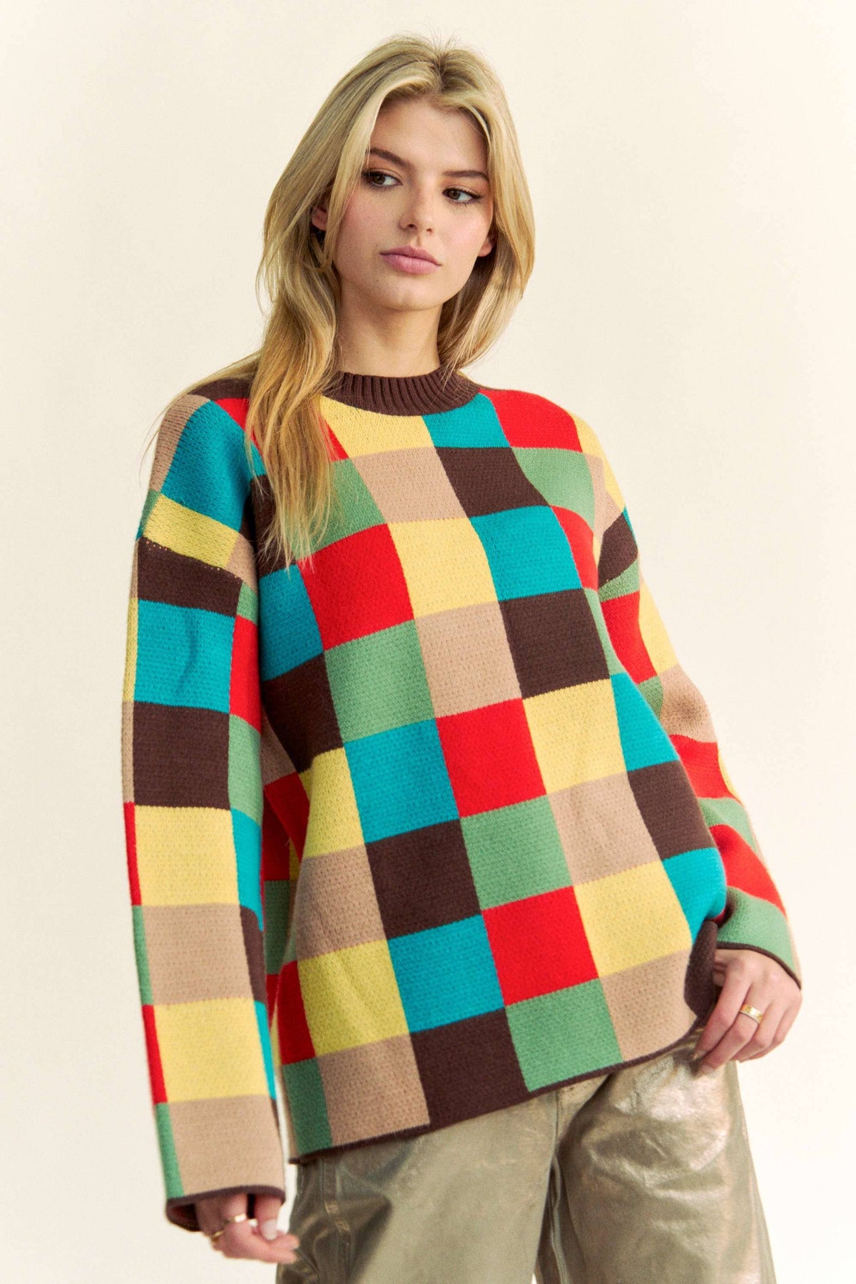 Multicolor Checkerboard Knit Pullover Sweater