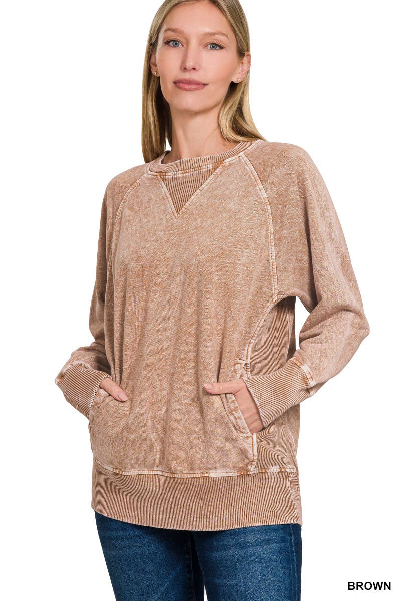 Halo Washed French Terry Raglan Sleeve Pullover W/ Pockets - Zenana