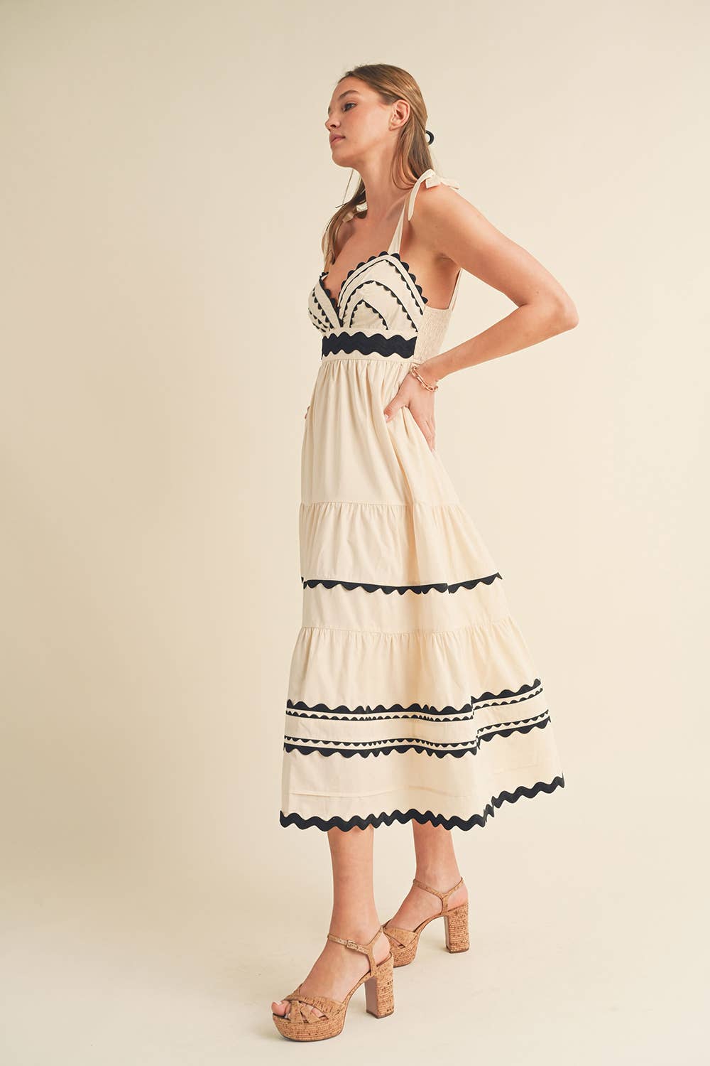 TIERED RIC RAC TRIM MIDI DRESS MDR3075