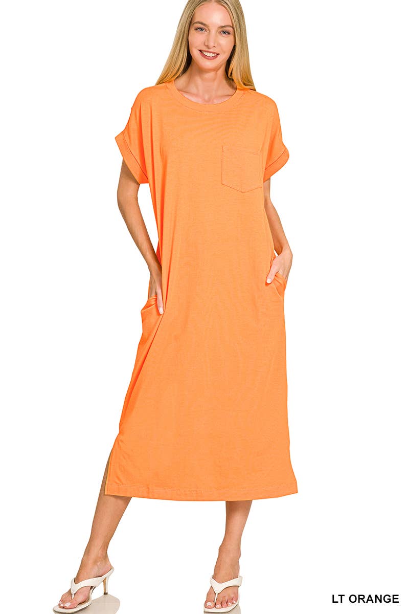 Round Neck Short Sleeve Midi Dress w/ Pockets - Zenana