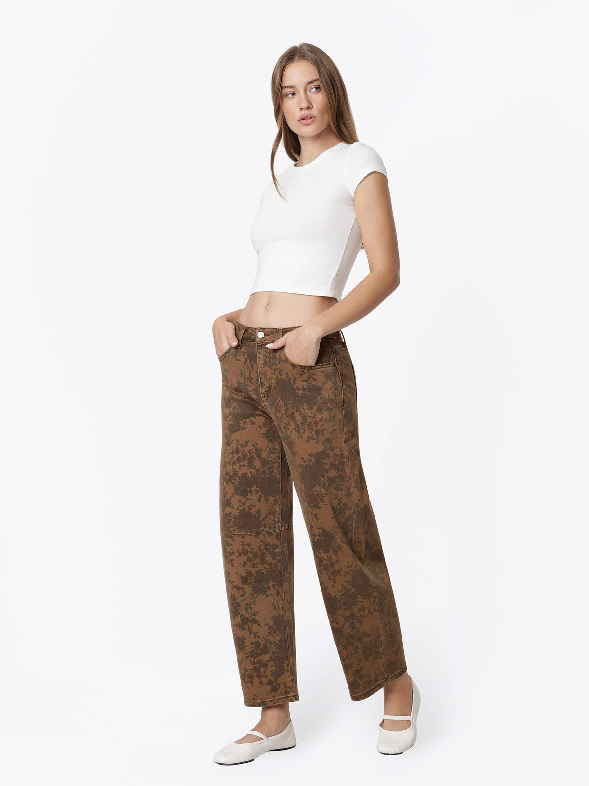 HIGH RISE BROWN FLORAL PRINT BARREL JEANS T7587BRN