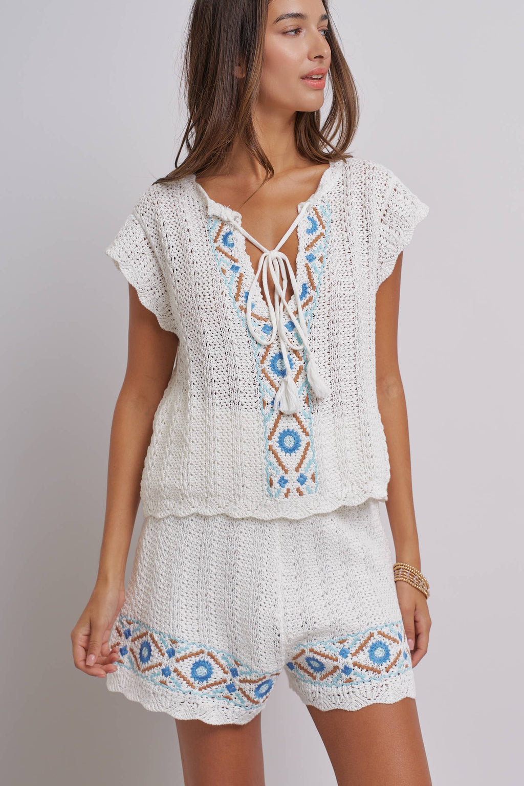 Geometric Embroidered Crochet Knit Top And Shorts Set