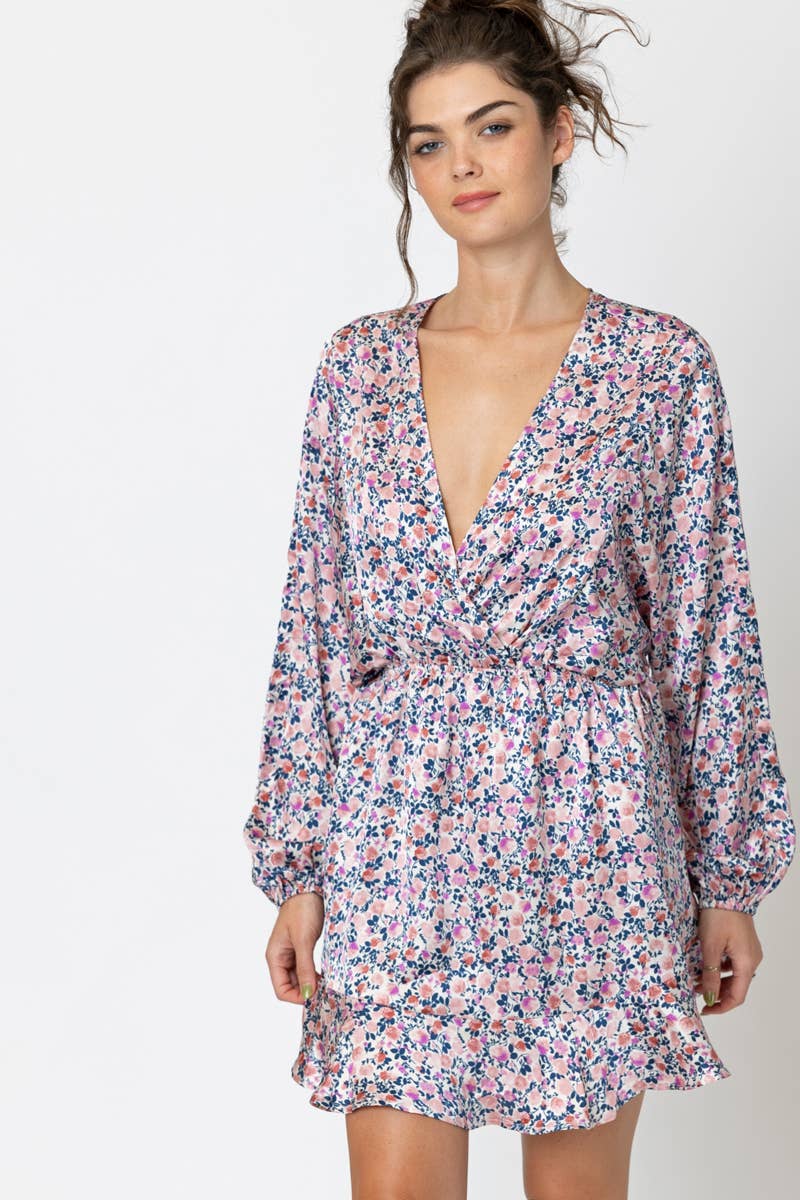 Long Sleeve V-Neck Satin Floral Mini Dress