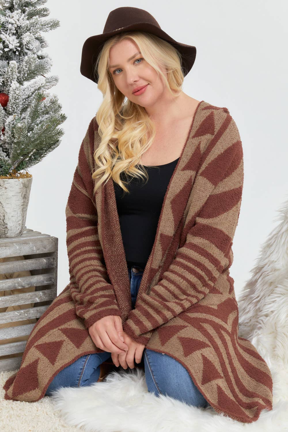 Plus - Aztec Pattern Knit Longline Hooded Cardigan