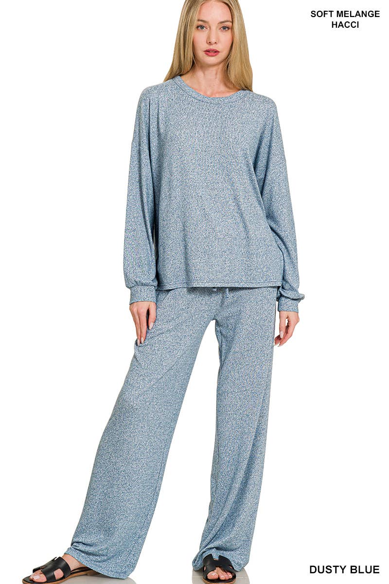 Soft Melange Hacci Long Slv Tee & Pants Set Zenana