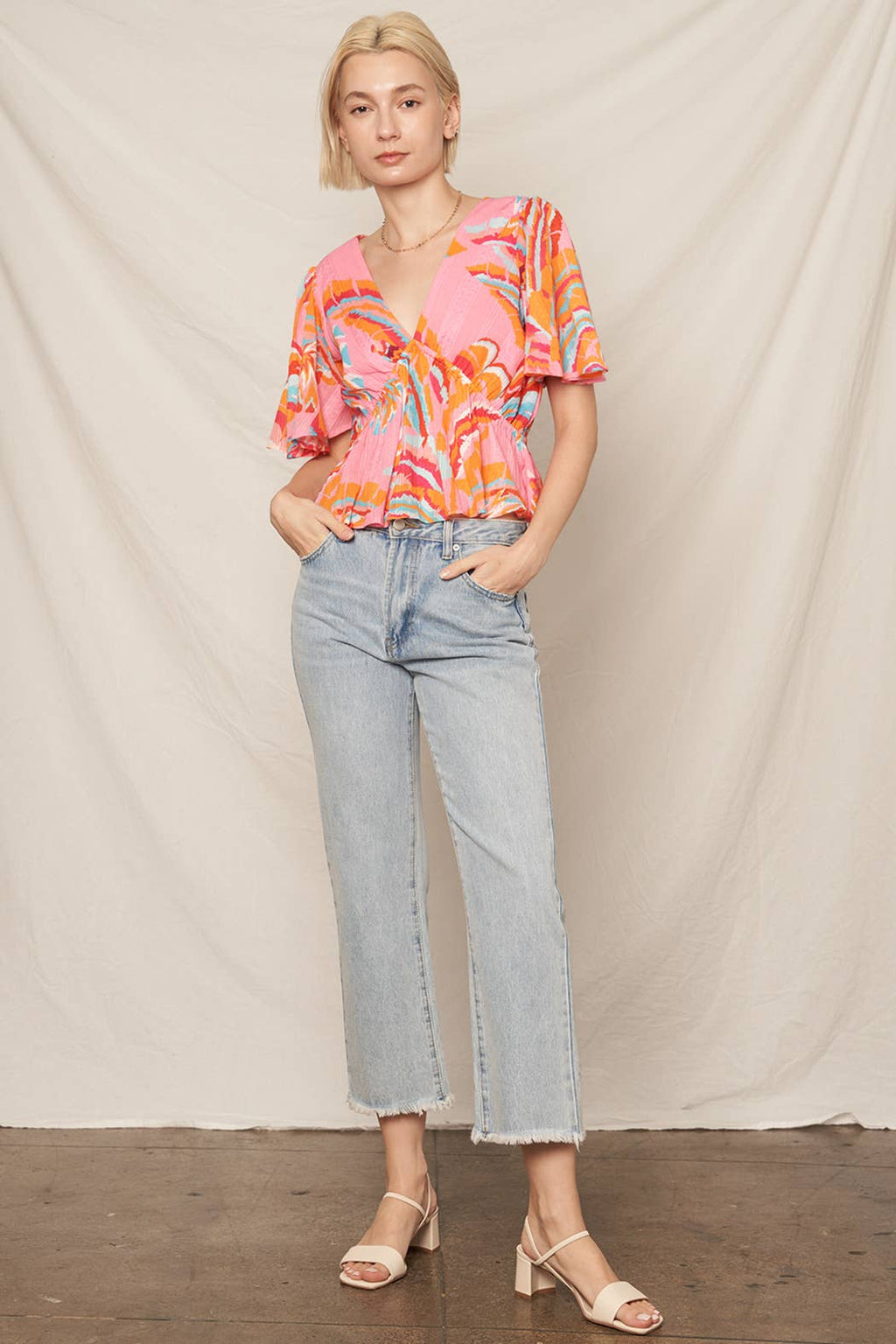 Printed Flutter Sleeve V-Neck Top