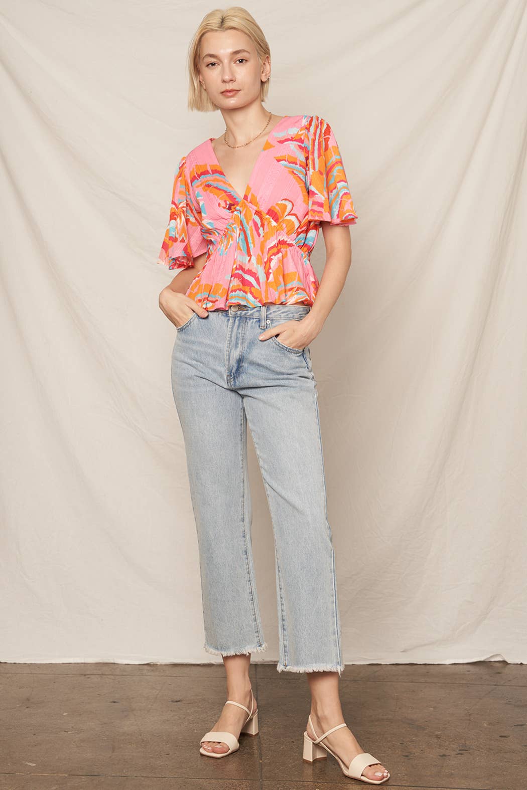 Printed Flutter Sleeve V-Neck Top