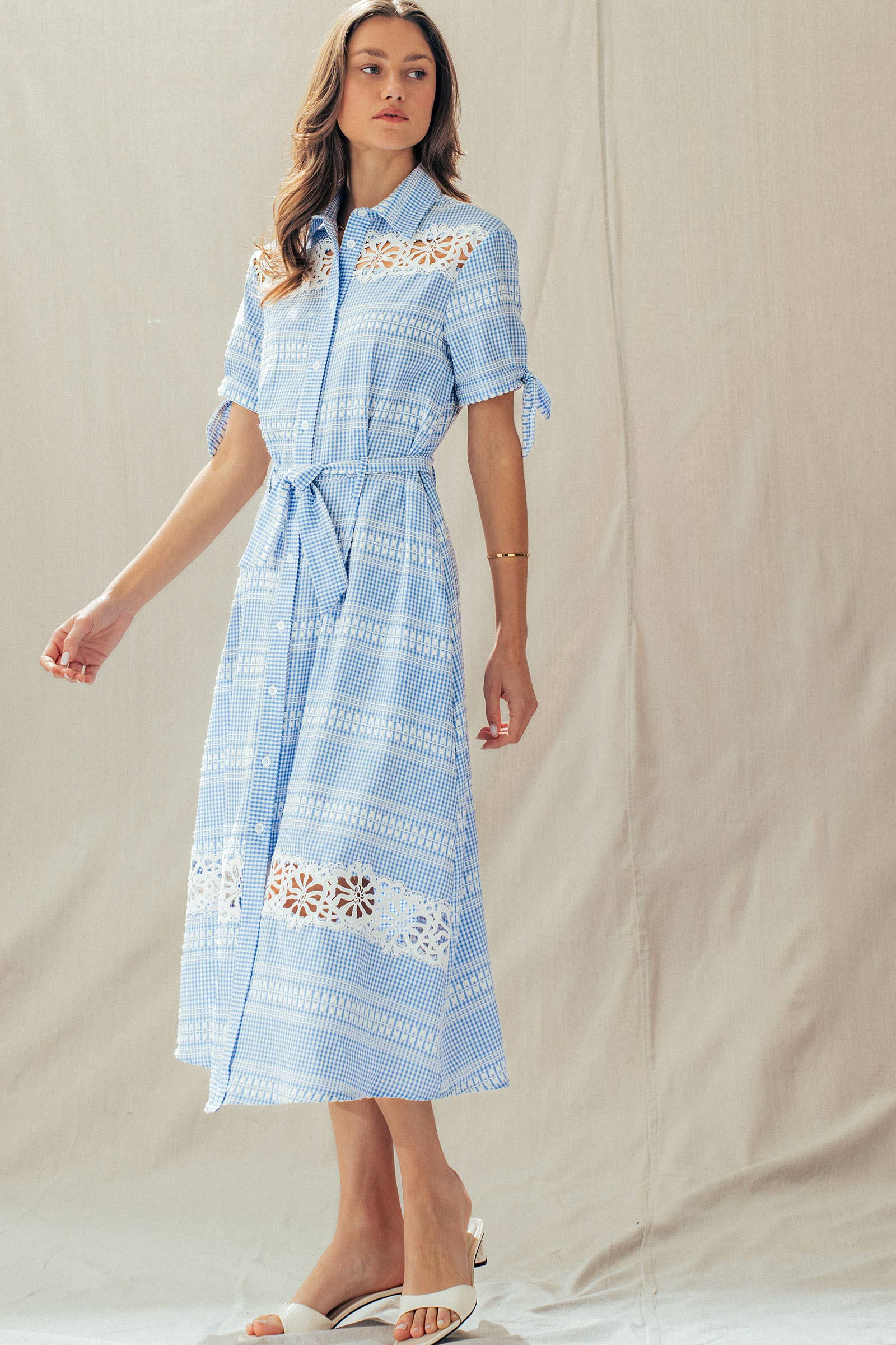Gingham Cotton Shirt Dress Eyelet Embroidery