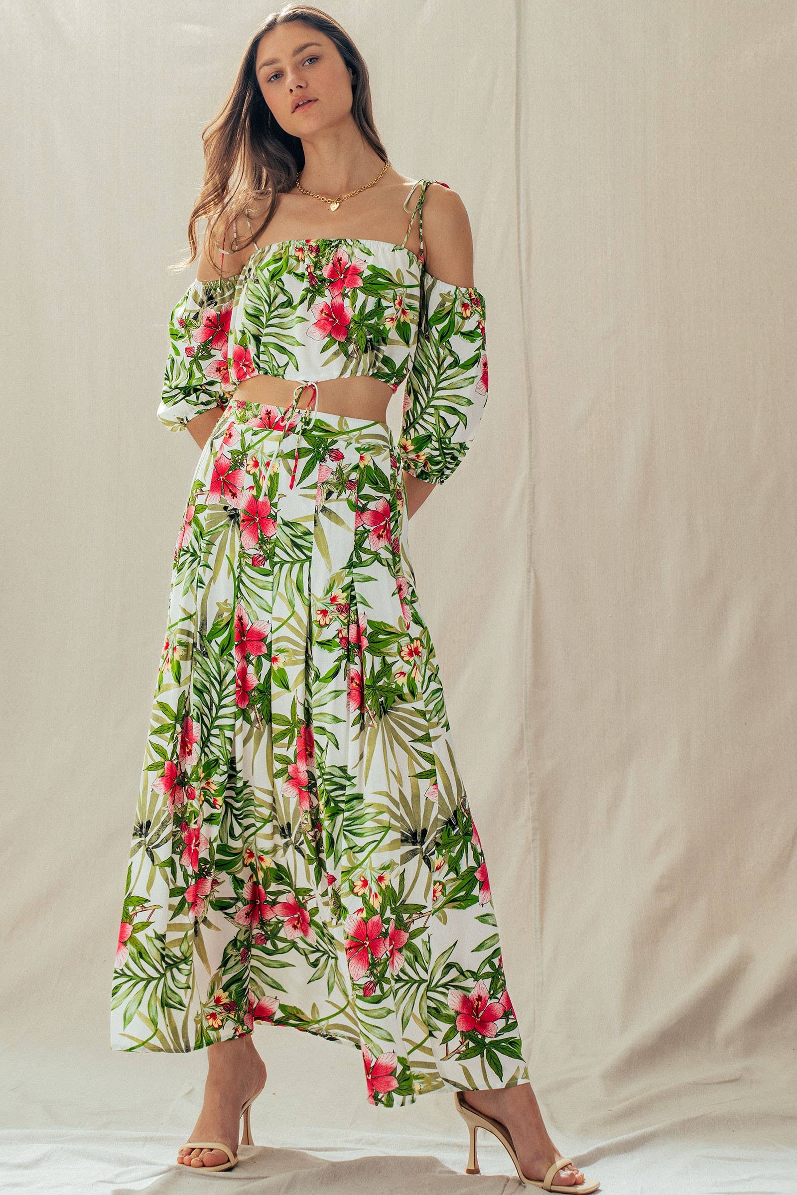 Off Shoulder Crop Top with Floral Maxi Skirt
