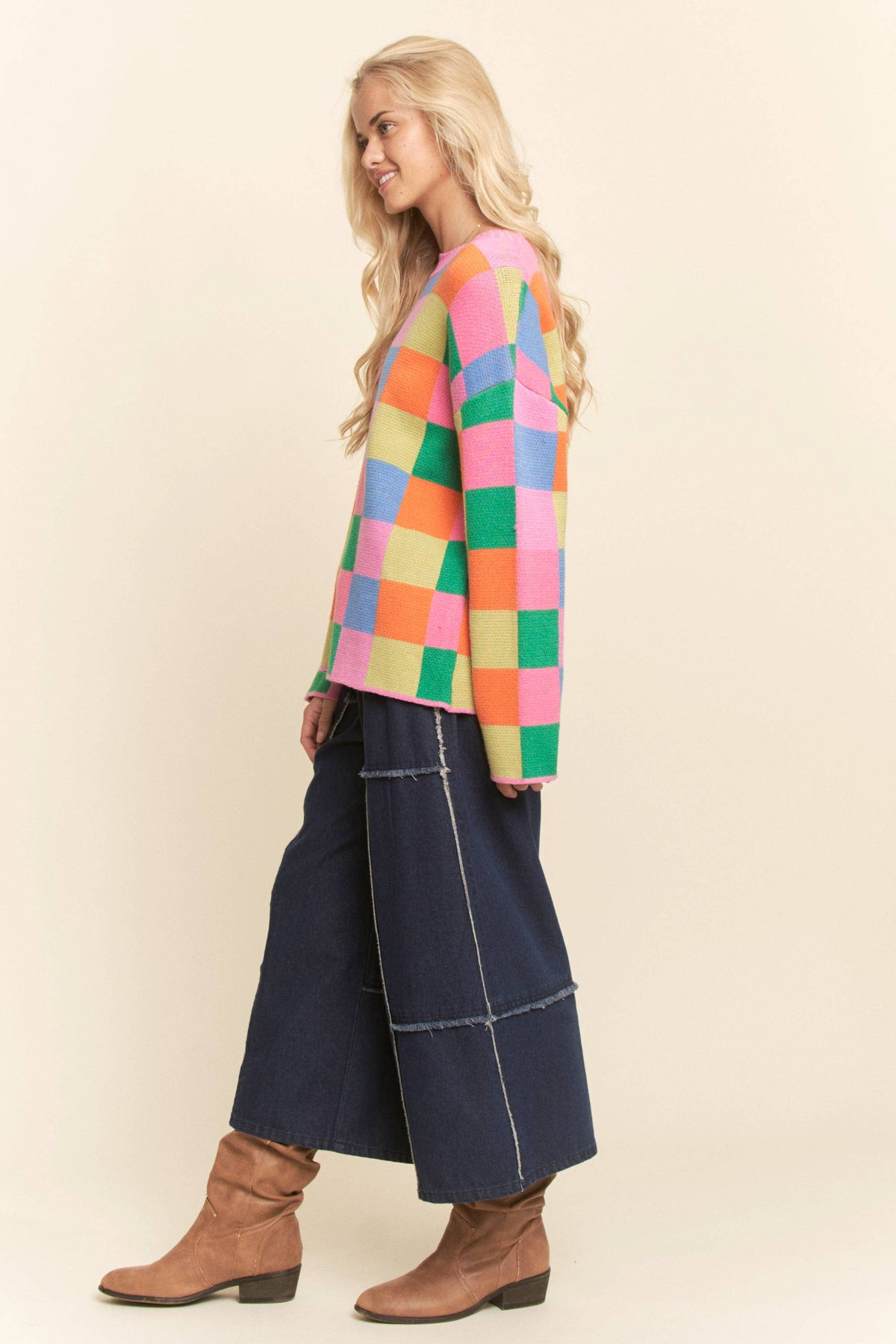 Multicolor Checkerboard Knit Pullover Sweater