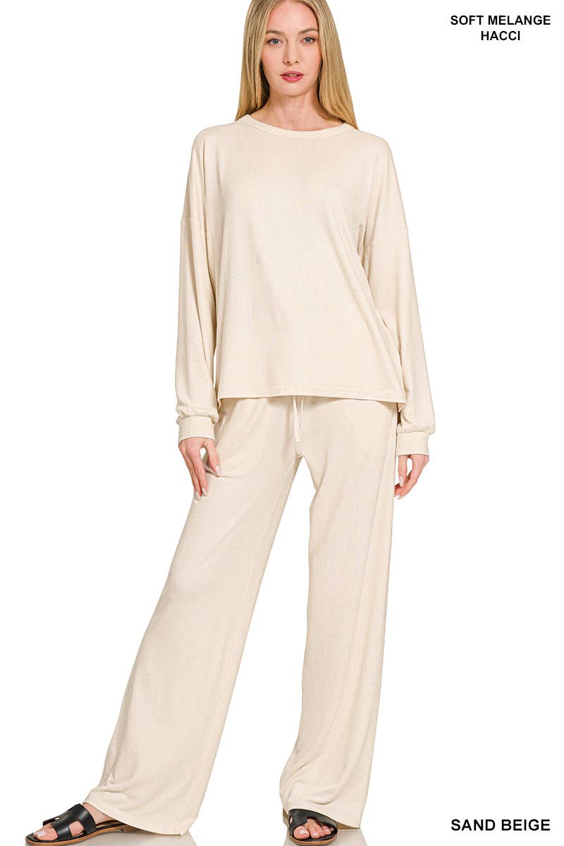 Soft Melange Hacci Long Slv Tee & Pants Set Zenana