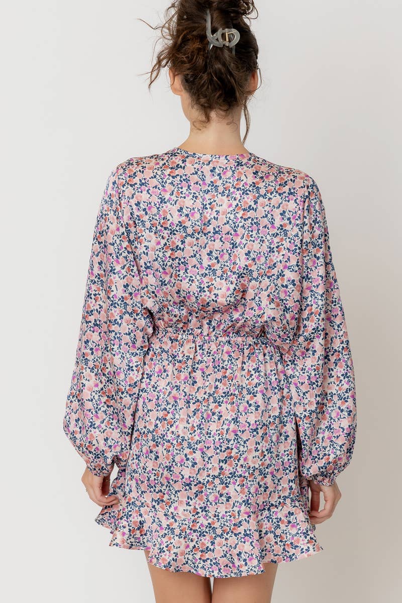 Long Sleeve V-Neck Satin Floral Mini Dress
