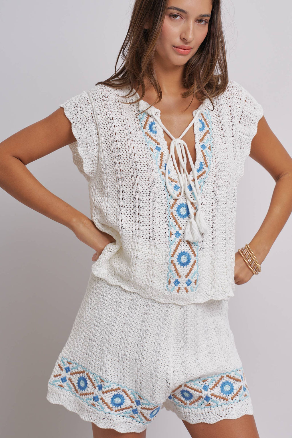 Geometric Embroidered Crochet Knit Top And Shorts Set