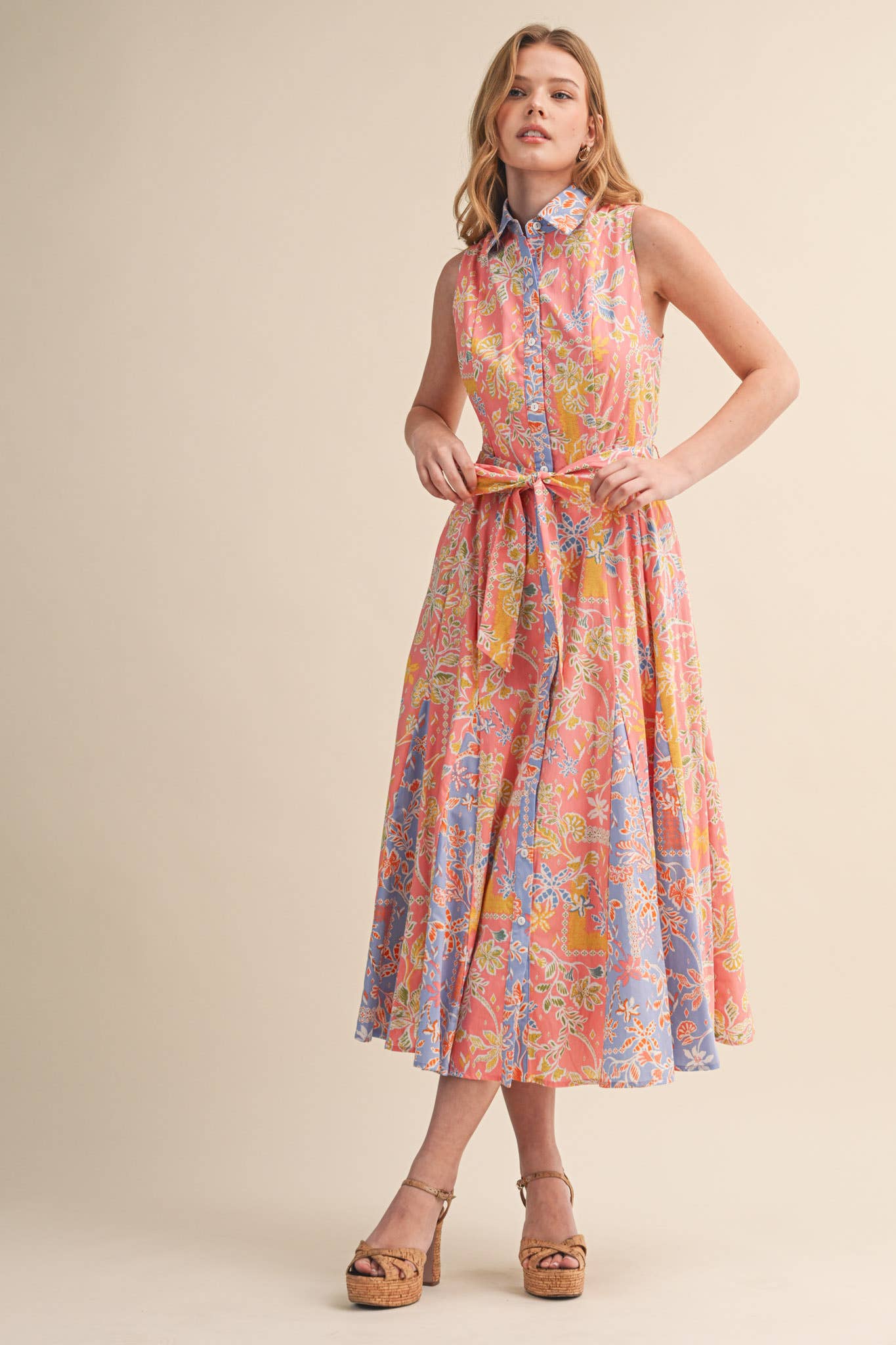 MIXED FLORAL PRINT BELTED BUTTON DOWN MIDI DRESS MDR4733