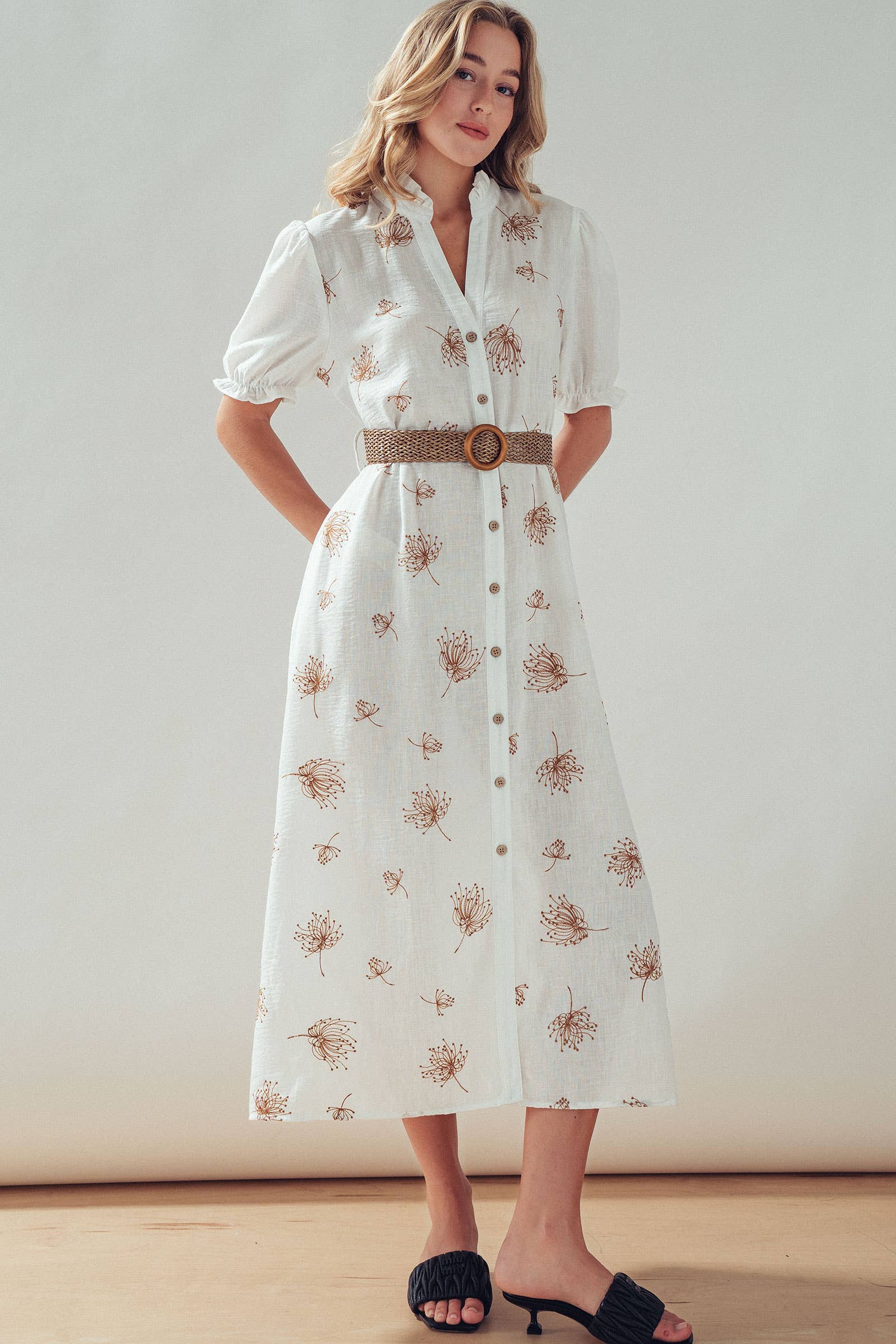 Embroidered Linen Blend Button Front Midi Dress