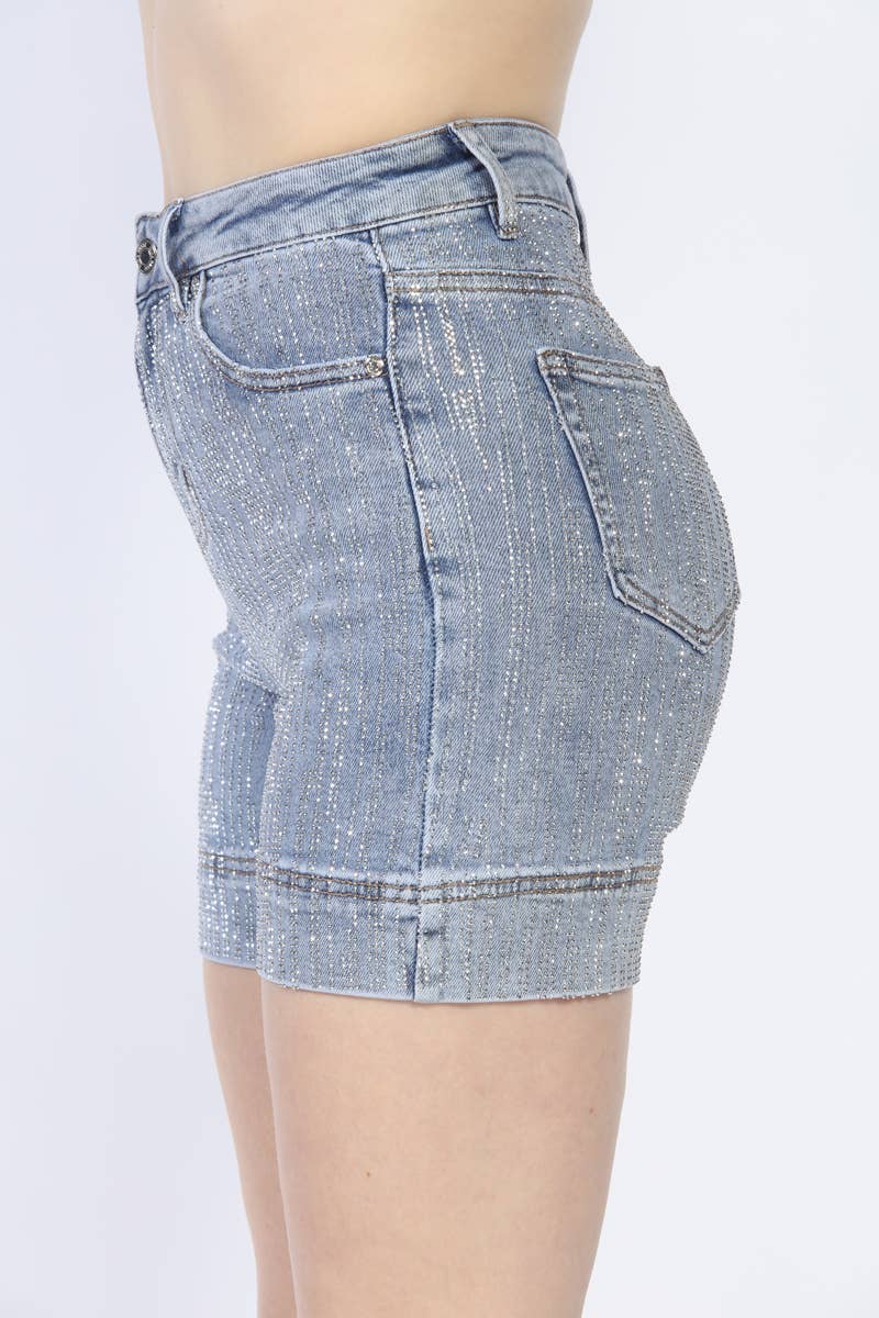 Rhinestone Stretch Denim Shorts - Nina Rossi
