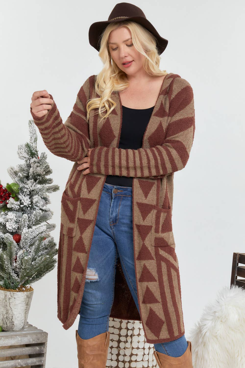 Plus - Aztec Pattern Knit Longline Hooded Cardigan